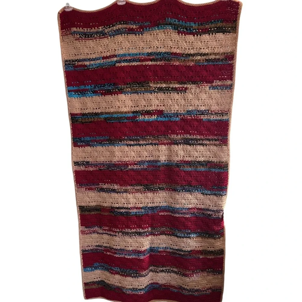 Handmade Crochet Burgundy Teal Taupe Throw Afghan Blanket Stripe Geo 33